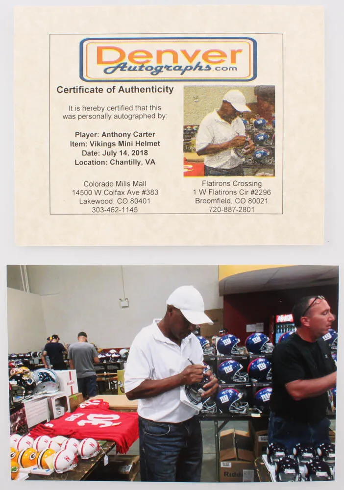 Anthony Carter Signed Vikings Mini-Helmet (Beckett COA & Denver Autographs COA)