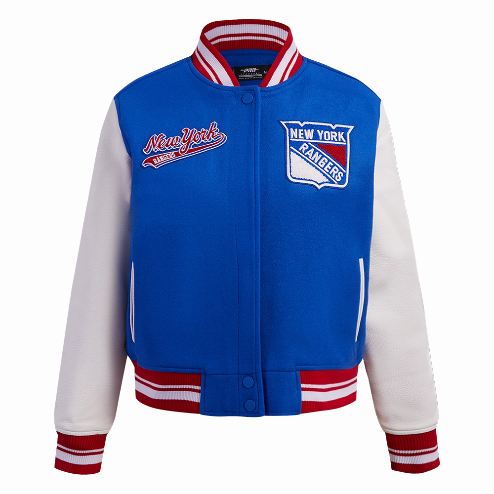 CHAMARRA UNIVERSITARIA NHL NEW YORK RANGERS SCRIPT TAIL PARA MUJER