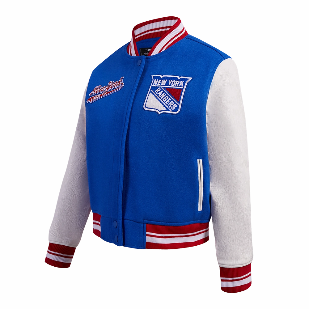 CHAMARRA UNIVERSITARIA NHL NEW YORK RANGERS SCRIPT TAIL PARA MUJER