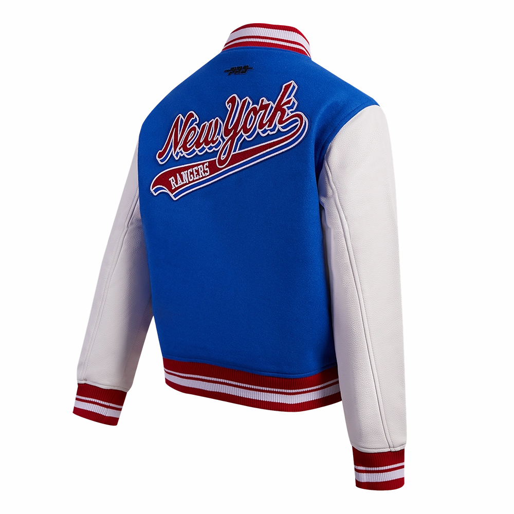 CHAMARRA UNIVERSITARIA NHL NEW YORK RANGERS SCRIPT TAIL PARA MUJER