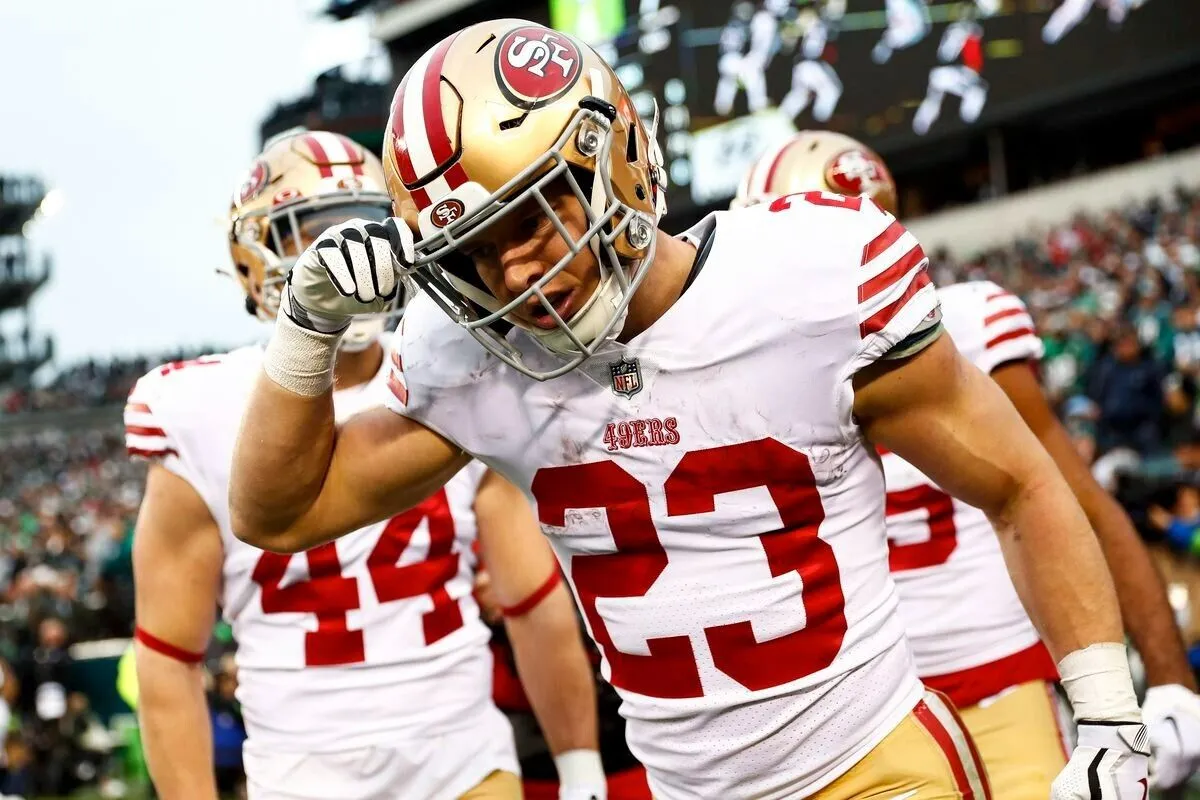 Christian McCaffrey Signed San Francisco 49ers 35x43 Framed Jersey (JSA) R.B.