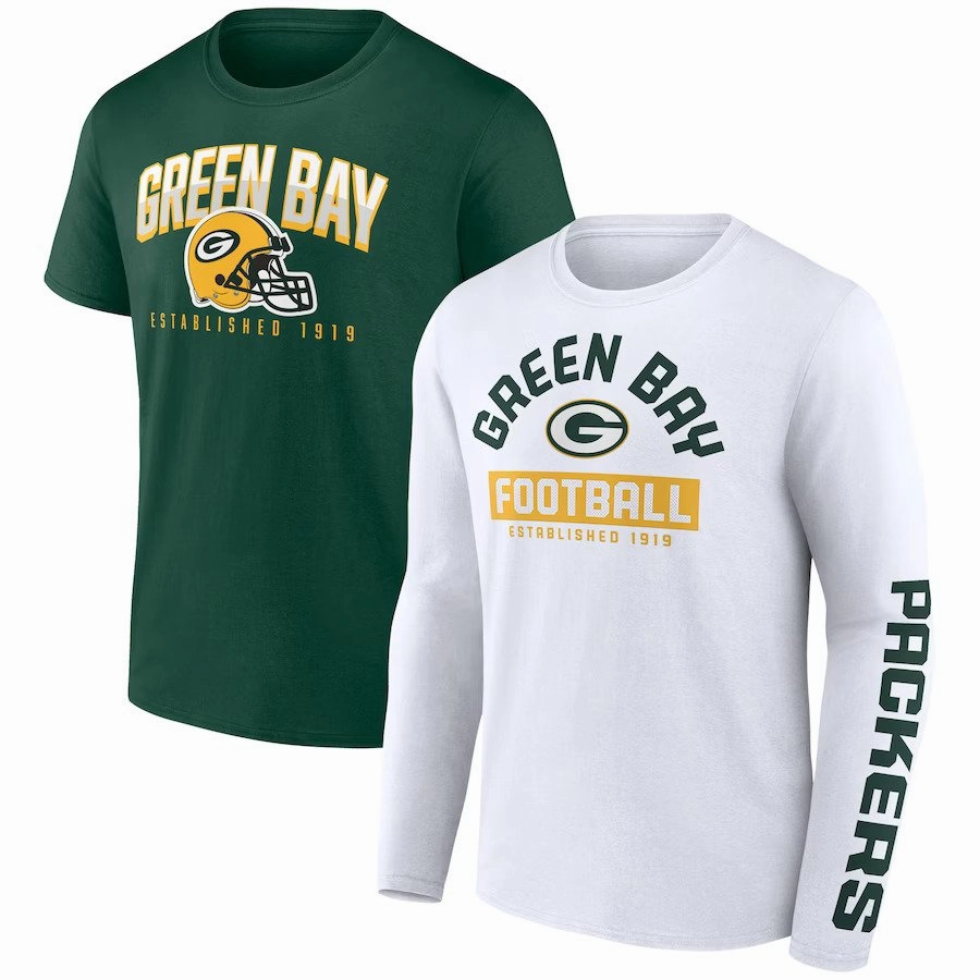 Green Bay Packers NFL UK Large Fanatics Branded Long and Short Sleeve Two-Pack T-Shirt - Green/White