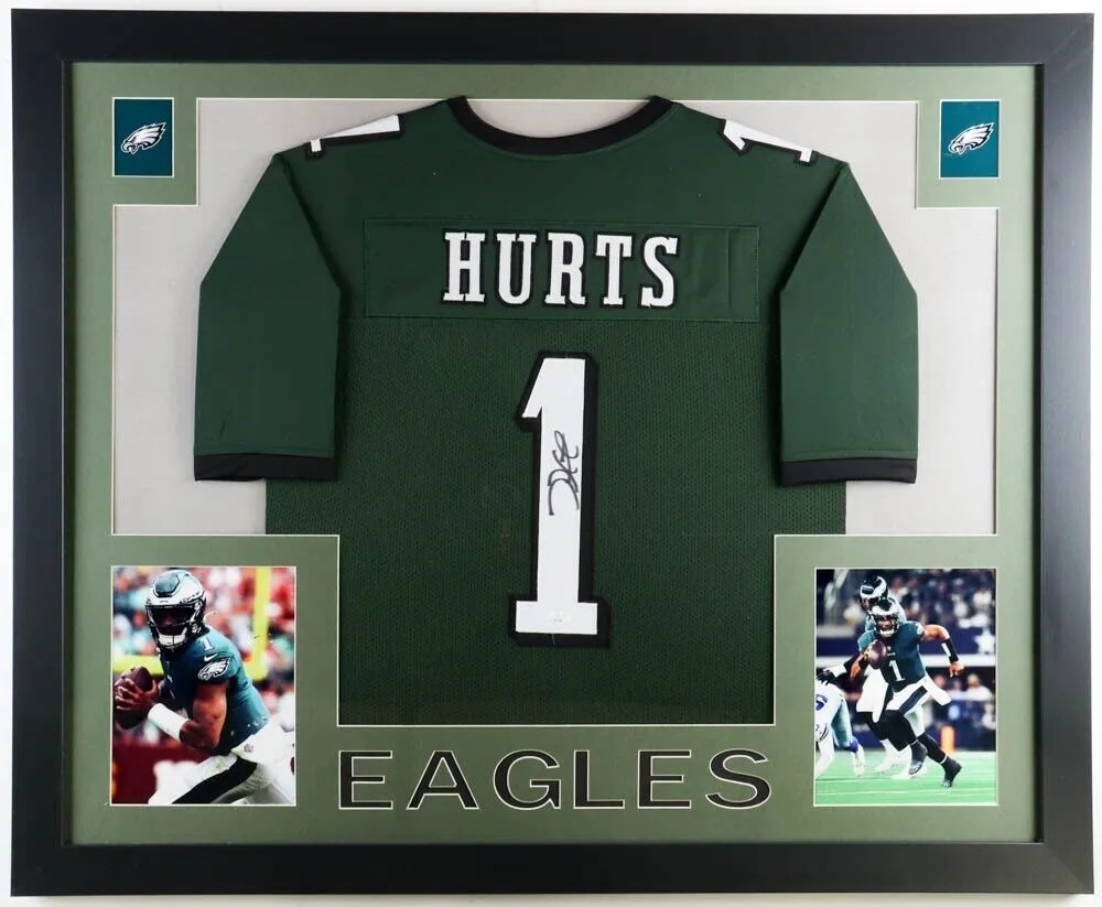 Jalen Hurts Signed Philadelphia Eagles 35 x 43 Framed Jersey (JSA Hologram) Q.B