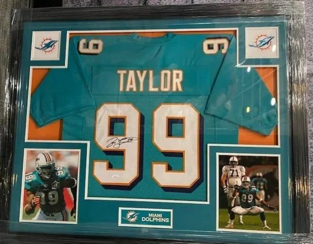 Jason Taylor Signed Miami Dolphins 35"x43" Framed Jersey (JSA COA) All Pro D.E.