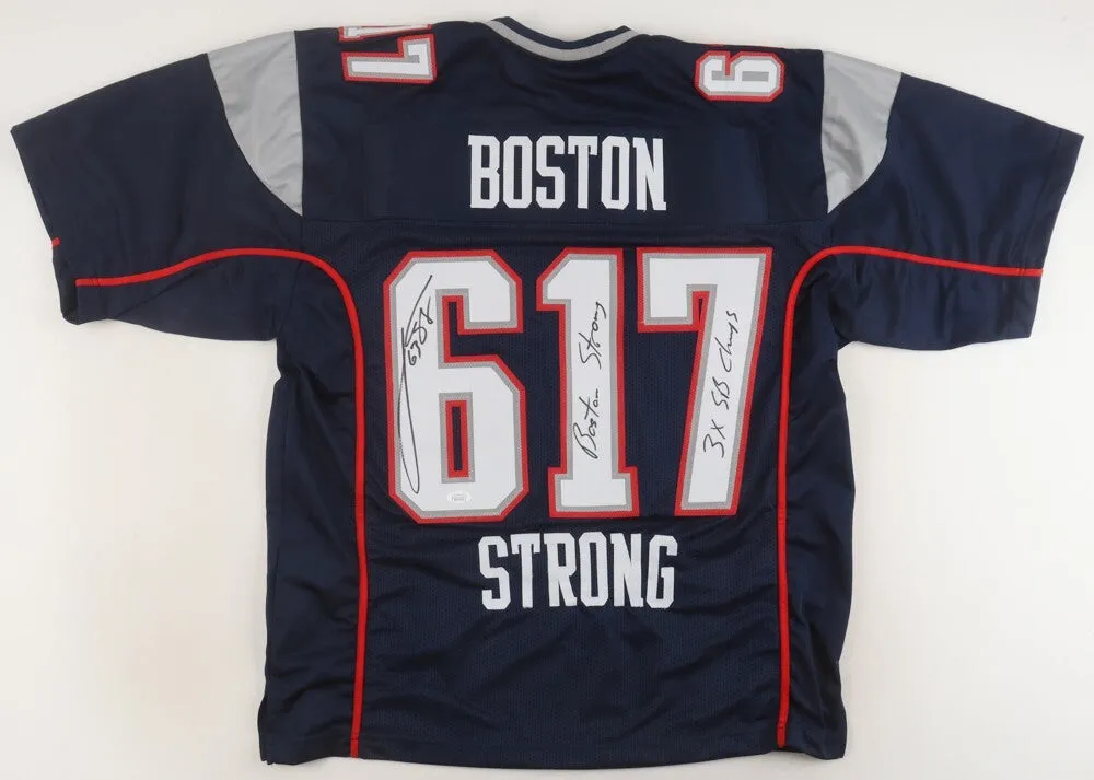 Joe Andruzzi Signed Patriots Jersey "Boston Strong" & "3xSB Champs" (JSA COA)