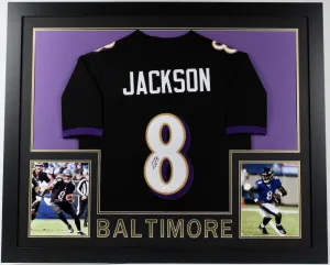 Lamar Jackson Signed Baltimore Ravens 35x43 Framed Jersey (JSA COA) 2019 NFL MVP