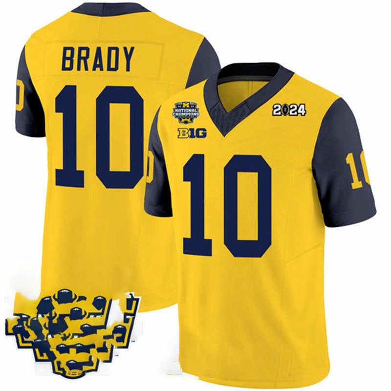 Michigan Wolverines #10 Tom Brady Yellow Navy 2024 F.U.S.E. With 2023 National Champions Patch Stitched Jersey College Jerseys