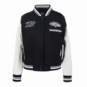 NFL BALTIMORE RAVENS PEARLS WOMEN'S RIB WOOL VARSITY JACKET (BLACK/WHITE)
