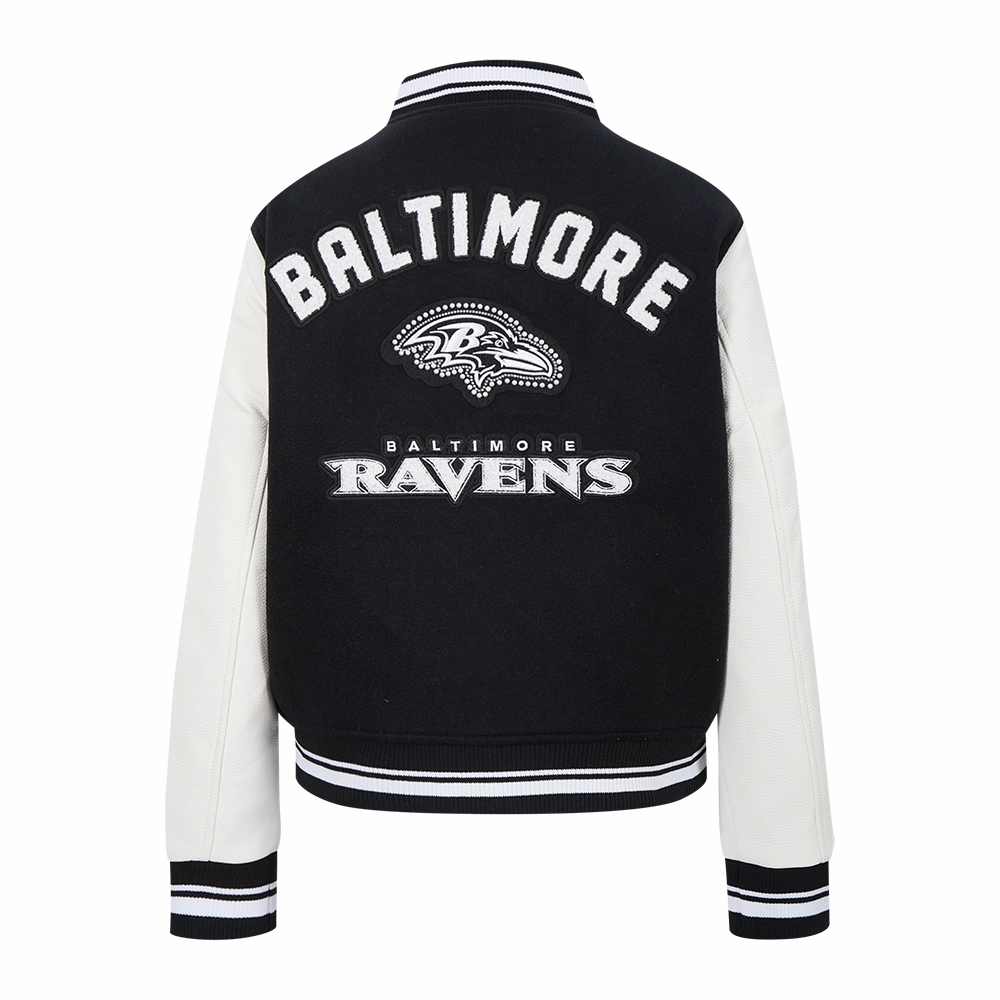 NFL BALTIMORE RAVENS PEARLS WOMEN'S RIB WOOL VARSITY JACKET (BLACK/WHITE)