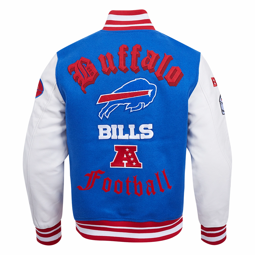 NFL BUFFALO BILLS OLD ENGLISH MEN'S RIB WOOL VARSITY JACKET (ROYAL BLUE/RED)