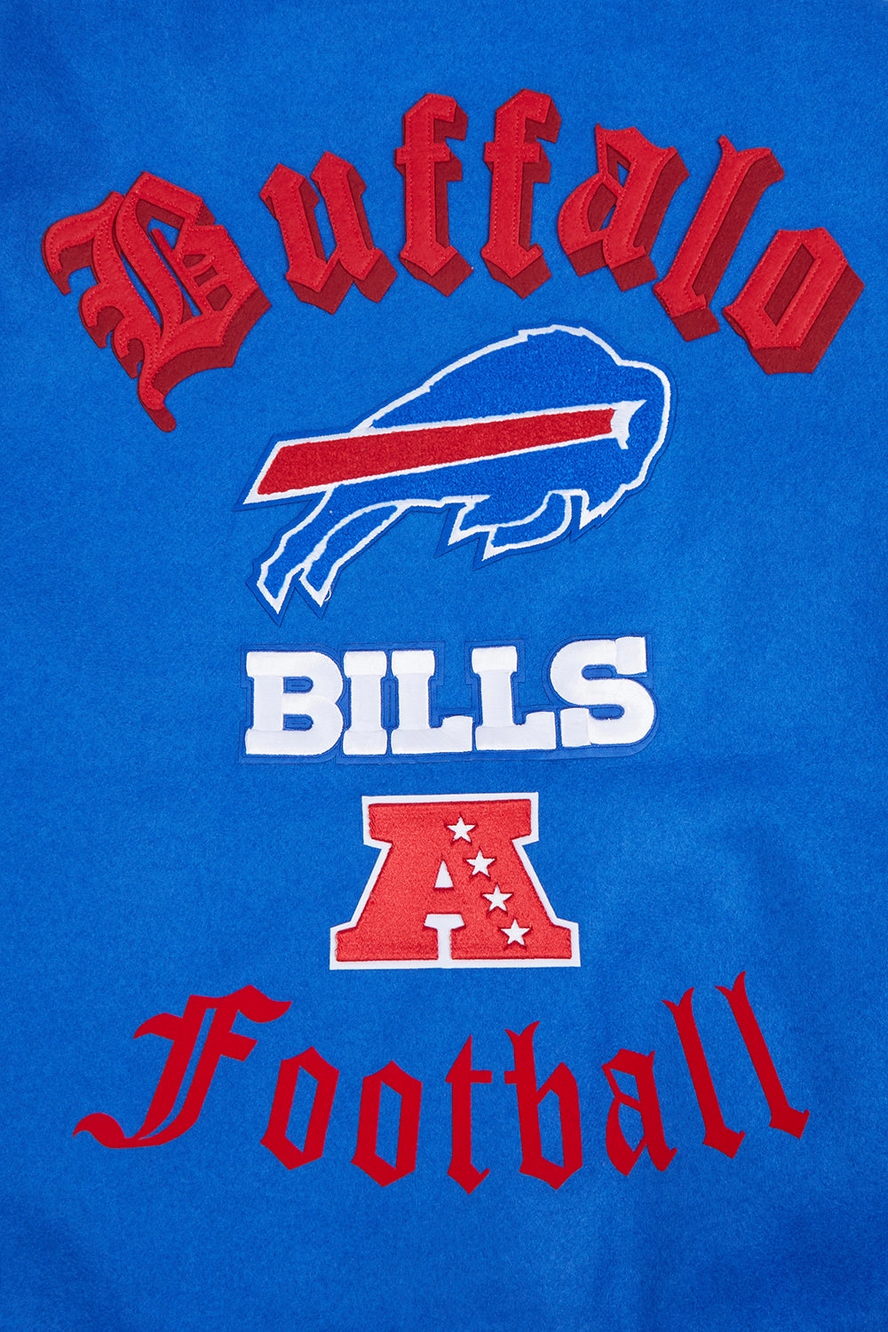 NFL BUFFALO BILLS OLD ENGLISH MEN'S RIB WOOL VARSITY JACKET (ROYAL BLUE/RED)