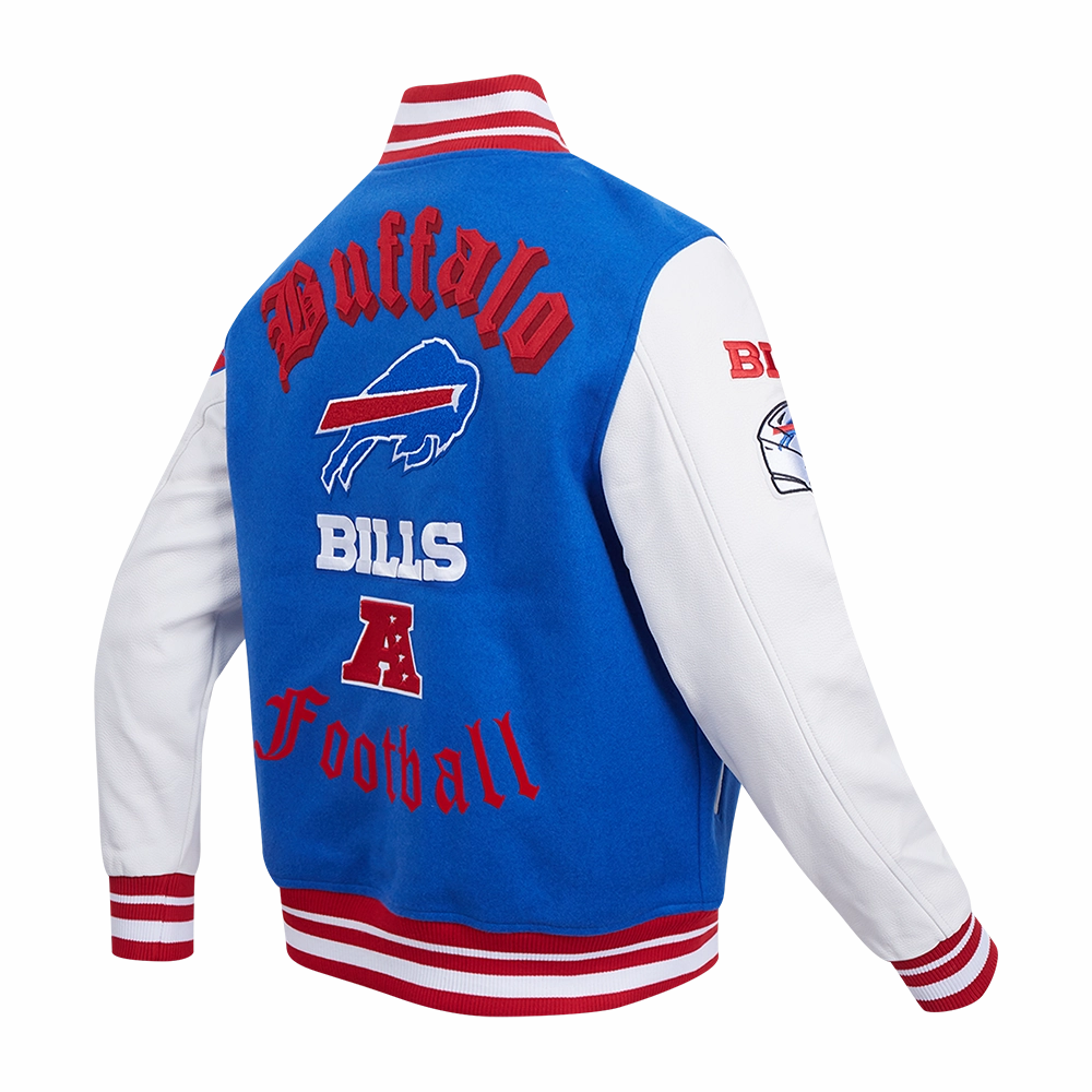 NFL BUFFALO BILLS OLD ENGLISH MEN'S RIB WOOL VARSITY JACKET (ROYAL BLUE/RED)