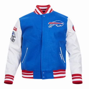 NFL BUFFALO BILLS OLD ENGLISH MEN'S RIB WOOL VARSITY JACKET (ROYAL BLUE/RED)