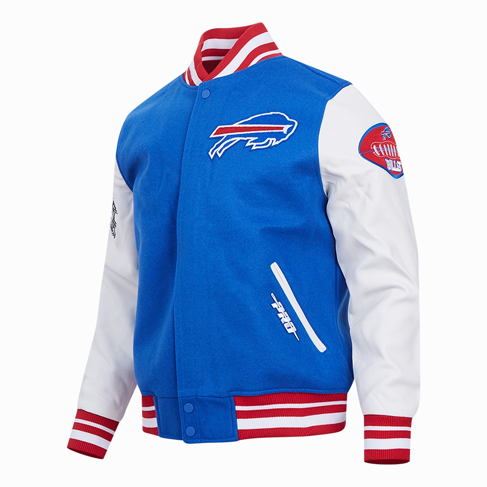 NFL BUFFALO BILLS OLD ENGLISH MEN'S RIB WOOL VARSITY JACKET (ROYAL BLUE/RED)