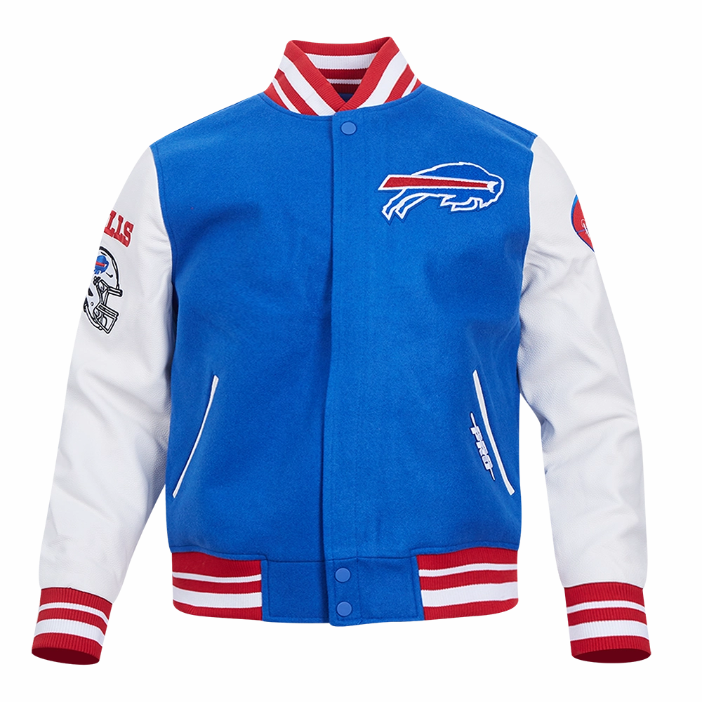 NFL BUFFALO BILLS OLD ENGLISH MEN'S RIB WOOL VARSITY JACKET (ROYAL BLUE/RED)