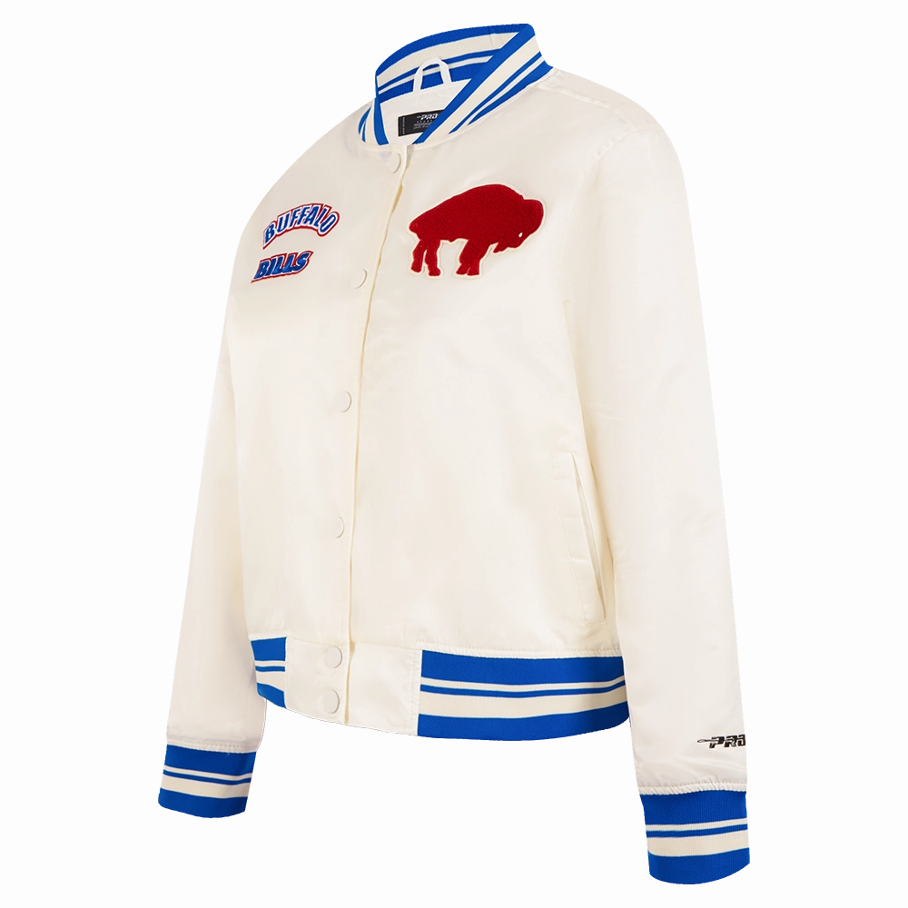 NFL BUFFALO BILLS RETRO CLASSIC WOMEN'S RIB SATIN JACKET (EGGSHELL/ ROYAL BLUE)