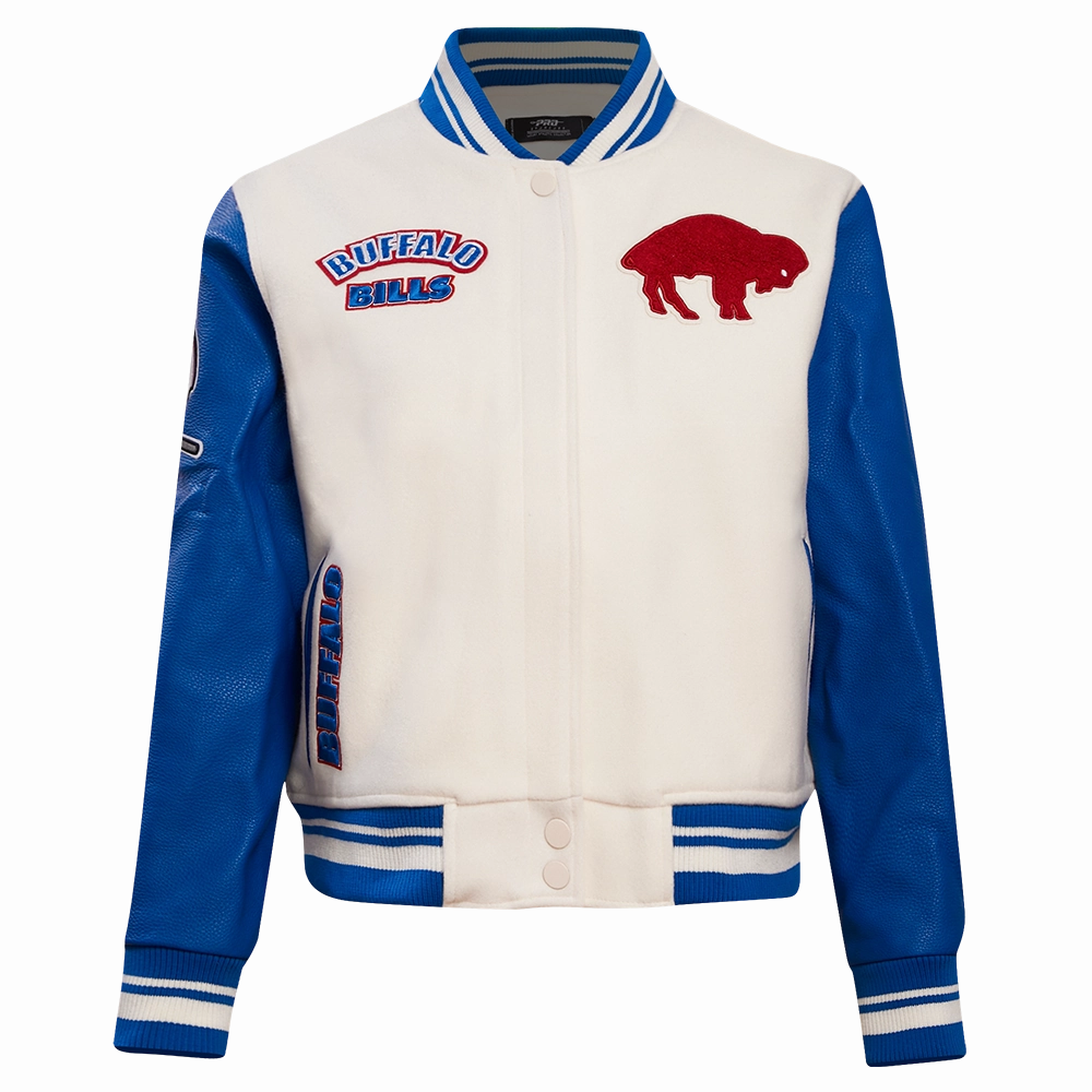 NFL BUFFALO BILLS RETRO CLASSIC WOMEN'S RIB WOOL VARSITY JACKET (EGGSHELL/ ROYAL BLUE)