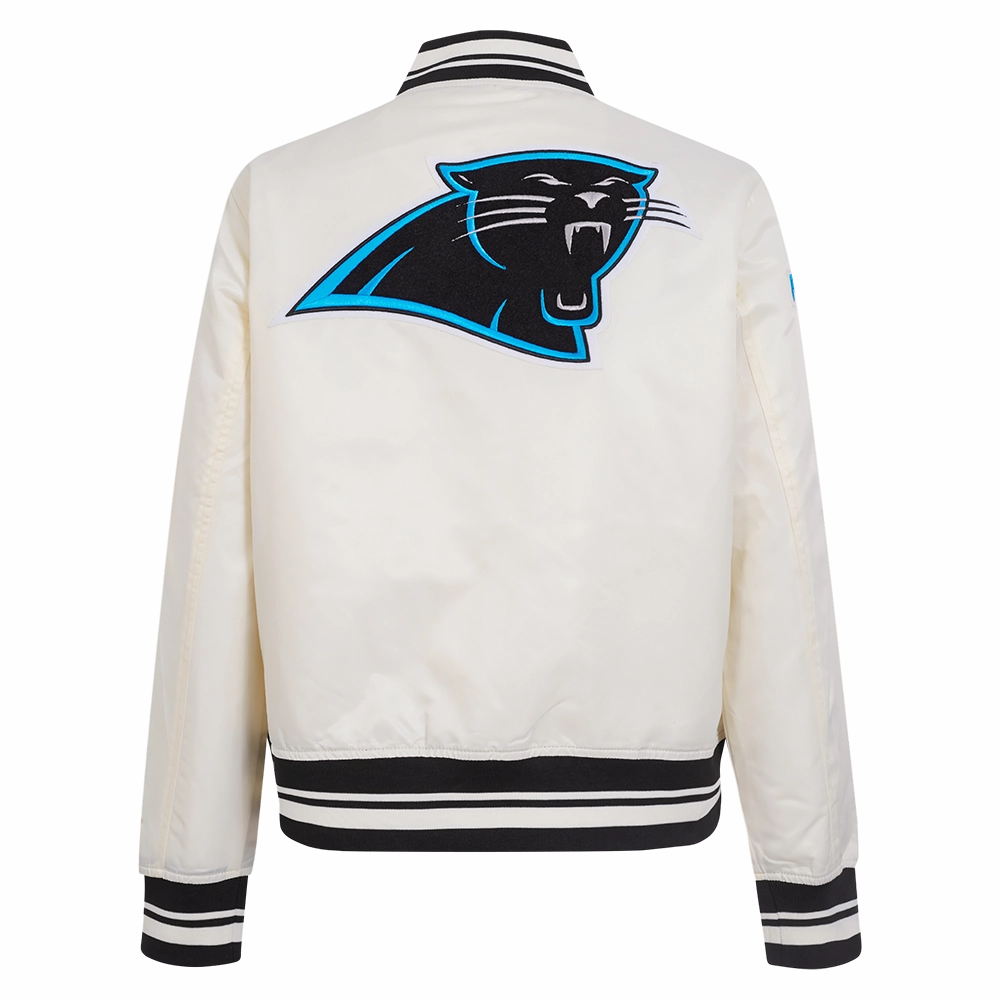 NFL CAROLINA PANTHERS RETRO CLASSIC WOMEN'S RIB SATIN JACKET (EGGSHELL/ BLACK)