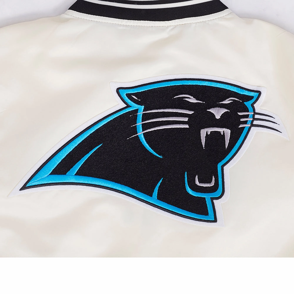 NFL CAROLINA PANTHERS RETRO CLASSIC WOMEN'S RIB SATIN JACKET (EGGSHELL/ BLACK)