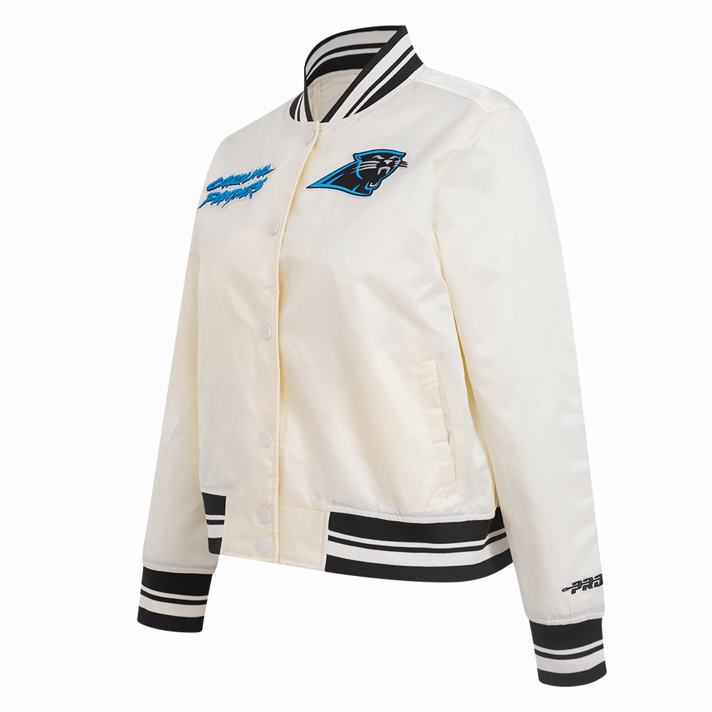 NFL CAROLINA PANTHERS RETRO CLASSIC WOMEN'S RIB SATIN JACKET (EGGSHELL/ BLACK)