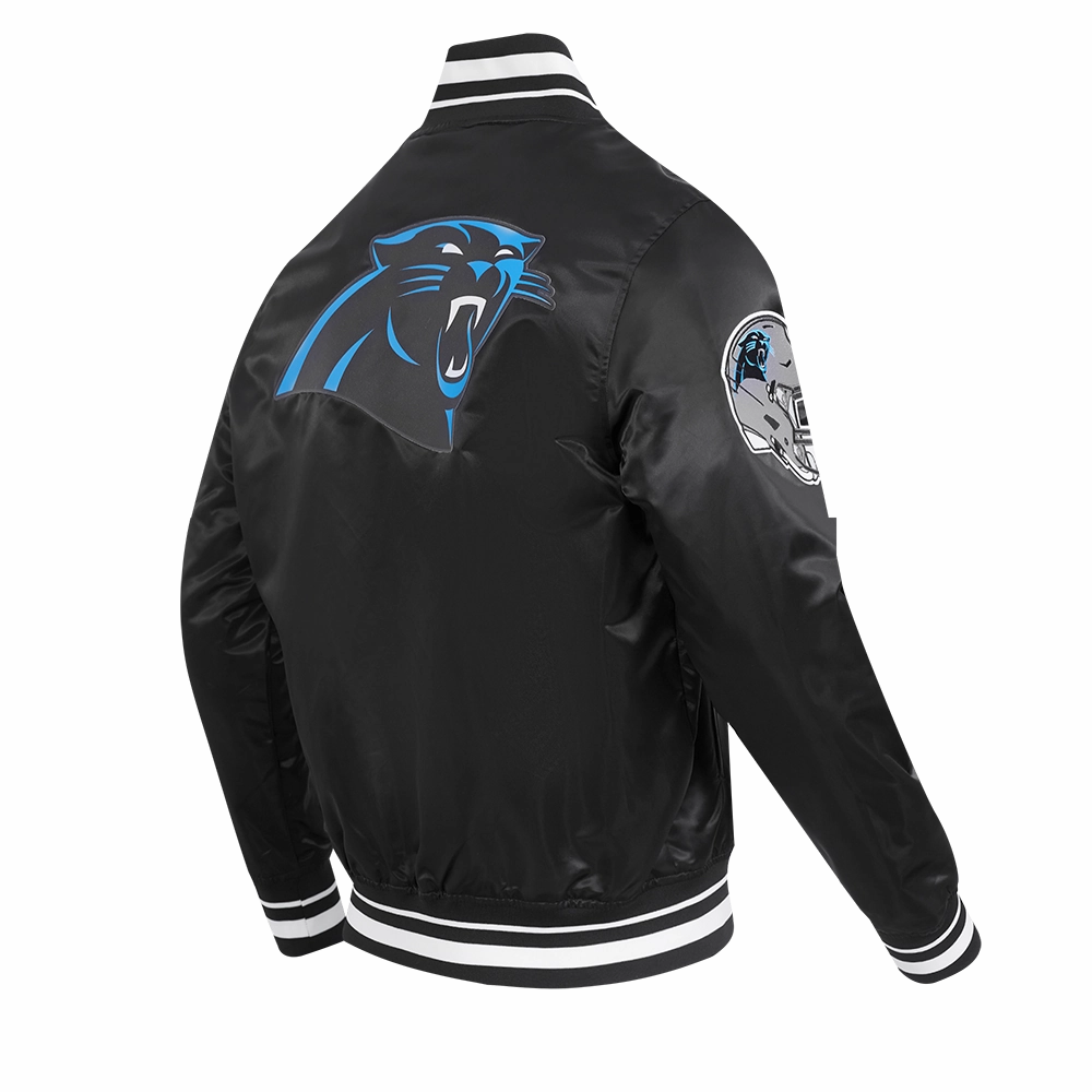 NFL CAROLINA PANTHERS SCRIPT TAIL MEN'S SATIN JACKET (BLACK)