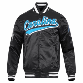 NFL CAROLINA PANTHERS SCRIPT TAIL MEN'S SATIN JACKET (BLACK)