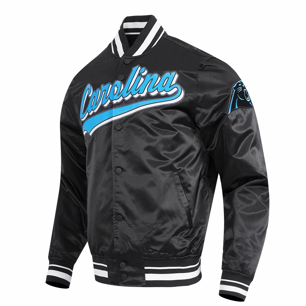 NFL CAROLINA PANTHERS SCRIPT TAIL MEN'S SATIN JACKET (BLACK)