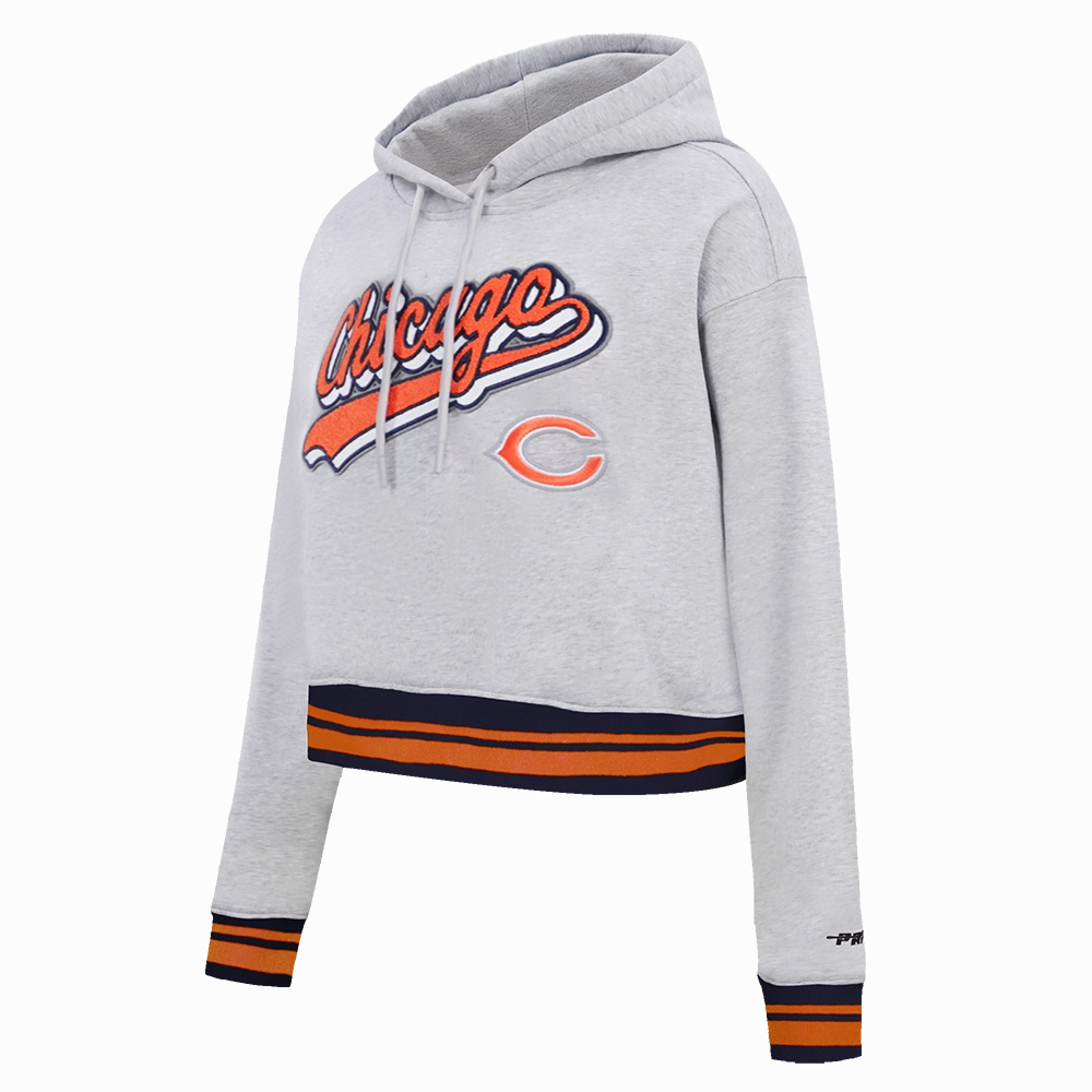 NFL CHICAGO BEARS SCRIPT TAIL WOMEN'S RIB FLC CROPPED PO HOODIE (HEATHER GREY/MIDNIGHT NAVY/ORANGE)
