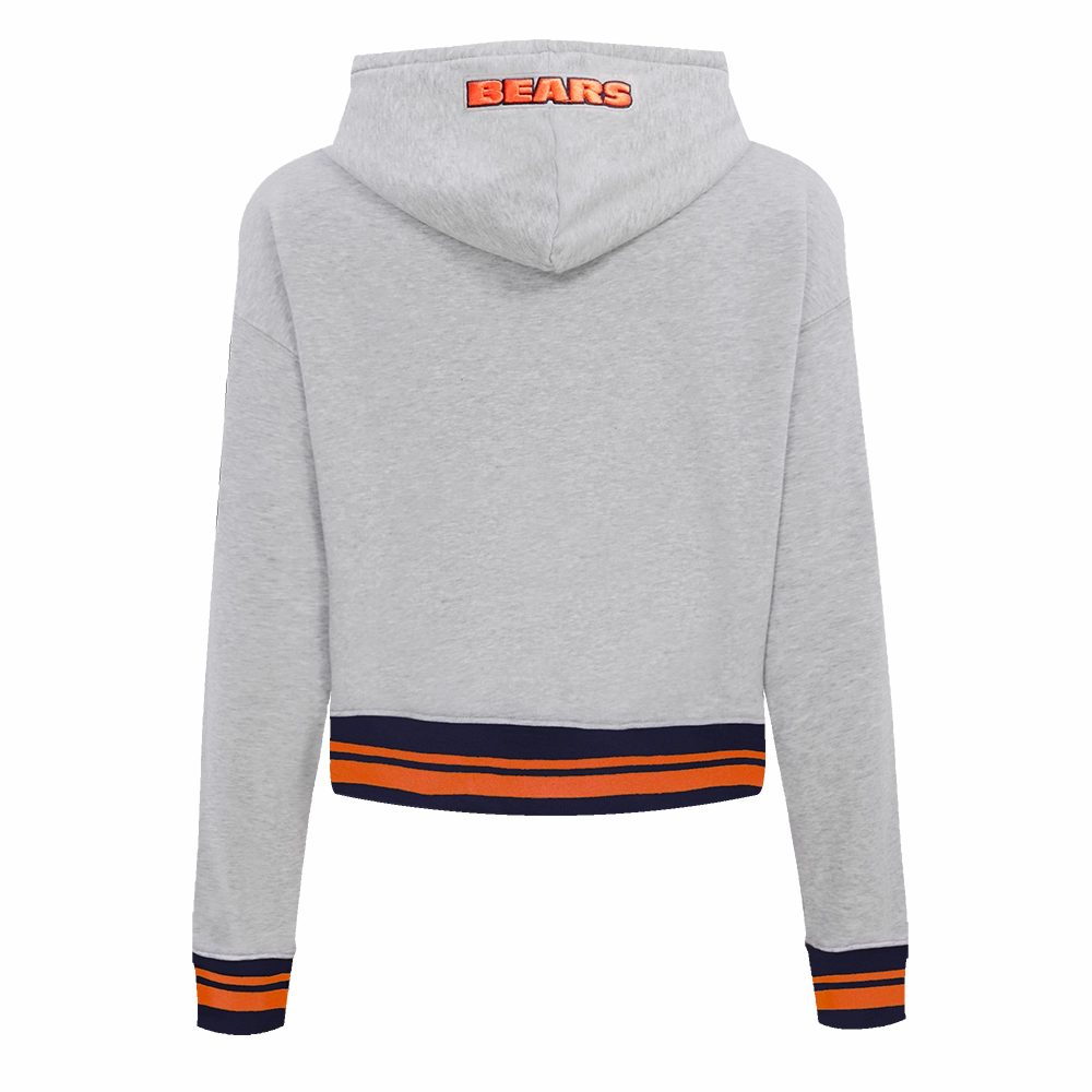 NFL CHICAGO BEARS SCRIPT TAIL WOMEN'S RIB FLC CROPPED PO HOODIE (HEATHER GREY/MIDNIGHT NAVY/ORANGE)