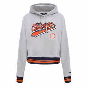 NFL CHICAGO BEARS SCRIPT TAIL WOMEN'S RIB FLC CROPPED PO HOODIE (HEATHER GREY/MIDNIGHT NAVY/ORANGE)
