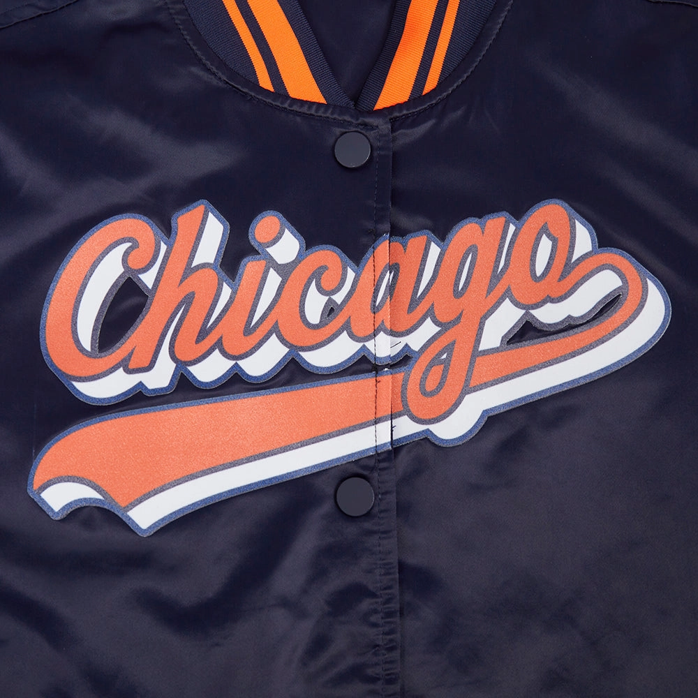 NFL CHICAGO BEARS SCRIPT TAIL WOMEN'S SATIN JACKET (MIDNIGHT NAVY/ORANGE/MIDNIGHT NAVY)
