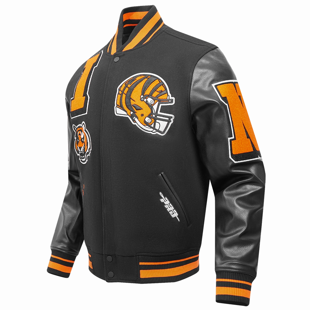 NFL CINCINNATI BENGALS MASHUP MEN'S RIB WOOL VARSITY JACKET (BLACK/ORANGE)