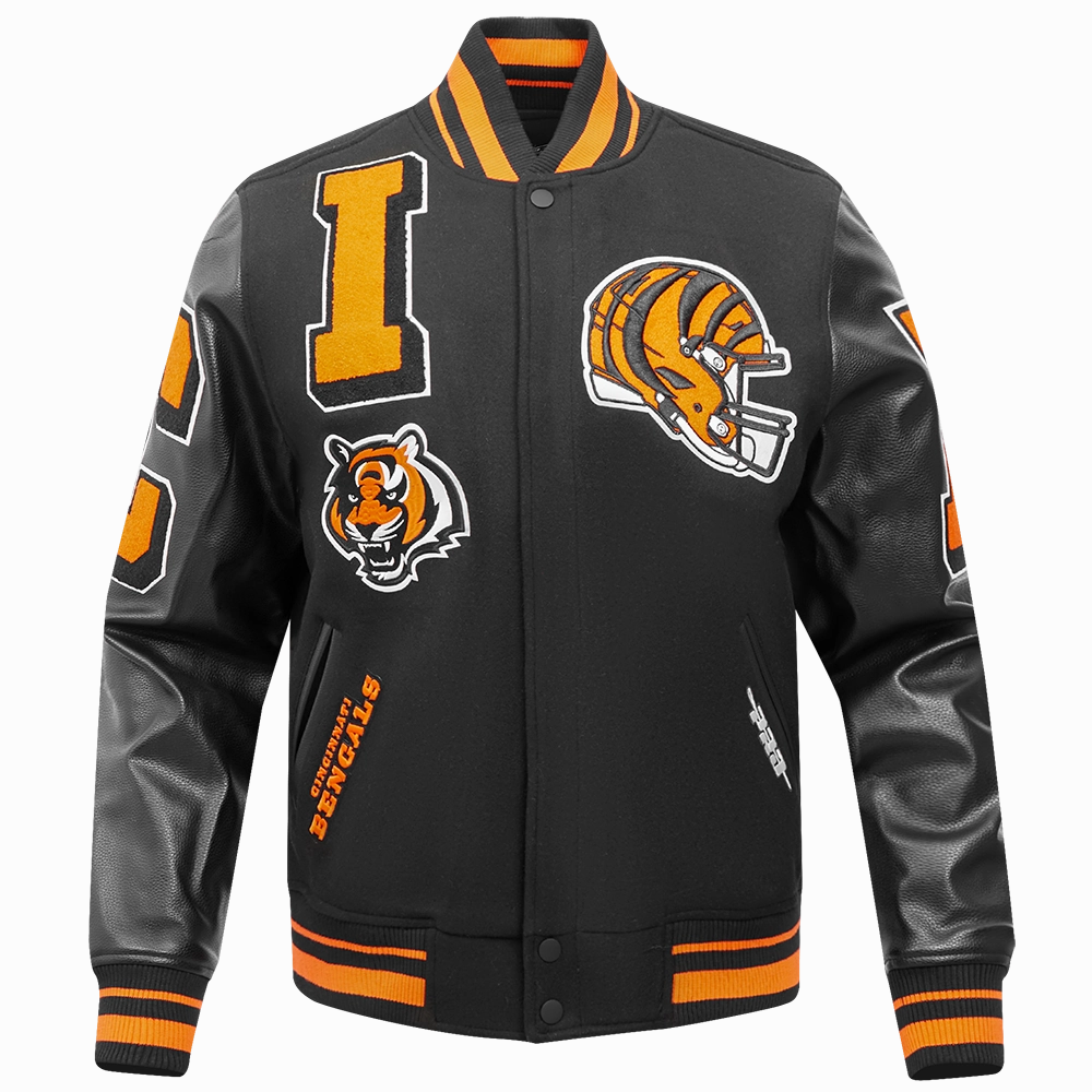 NFL CINCINNATI BENGALS MASHUP MEN'S RIB WOOL VARSITY JACKET (BLACK/ORANGE)