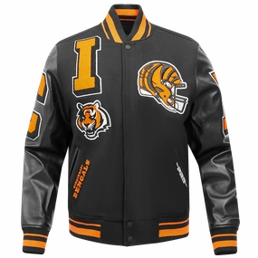 NFL CINCINNATI BENGALS MASHUP MEN'S RIB WOOL VARSITY JACKET (BLACK/ORANGE)