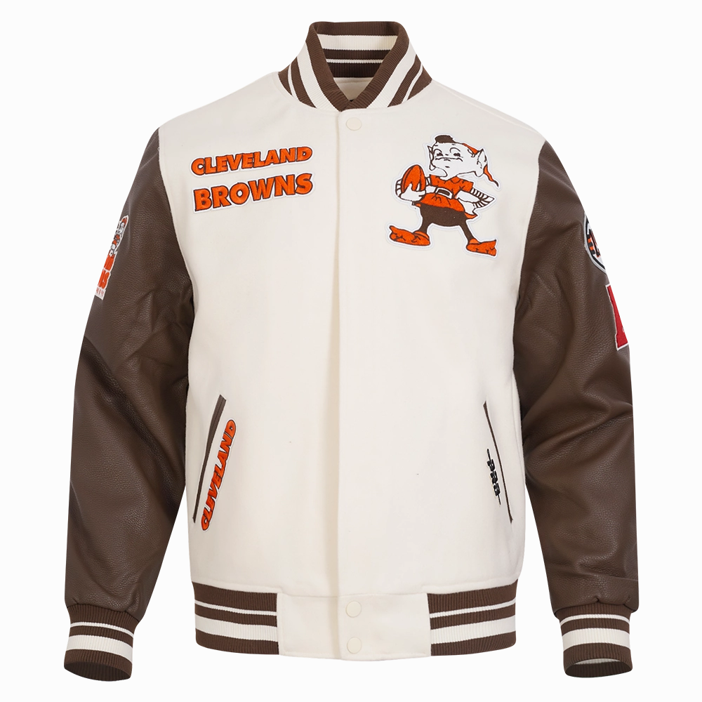 NFL CLEVELAND BROWNS RETRO CLASSIC MEN'S RIB WOOL VARSITY JACKET (EGGSHELL/ BROWN)
