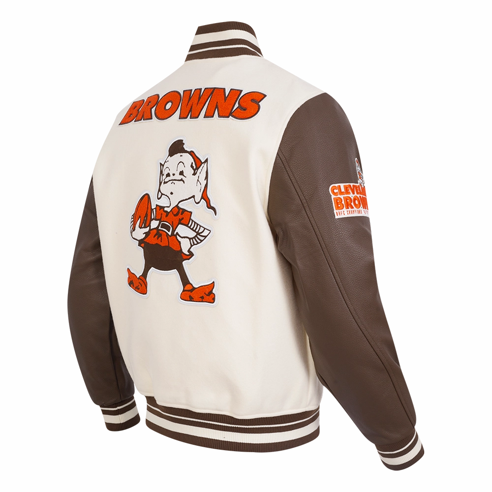 NFL CLEVELAND BROWNS RETRO CLASSIC MEN'S RIB WOOL VARSITY JACKET (EGGSHELL/ BROWN)