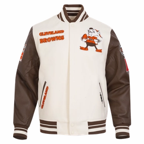 NFL CLEVELAND BROWNS RETRO CLASSIC MEN'S RIB WOOL VARSITY JACKET (EGGSHELL/ BROWN)