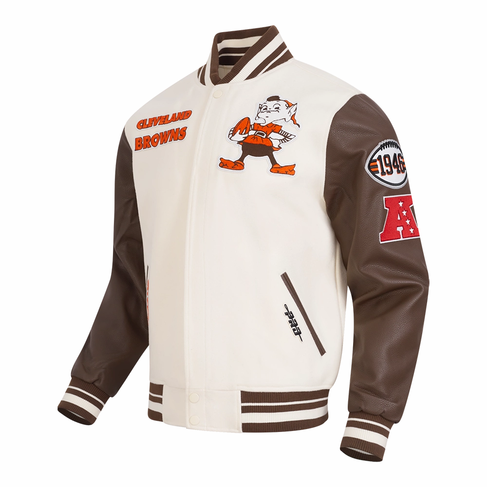 NFL CLEVELAND BROWNS RETRO CLASSIC MEN'S RIB WOOL VARSITY JACKET (EGGSHELL/ BROWN)