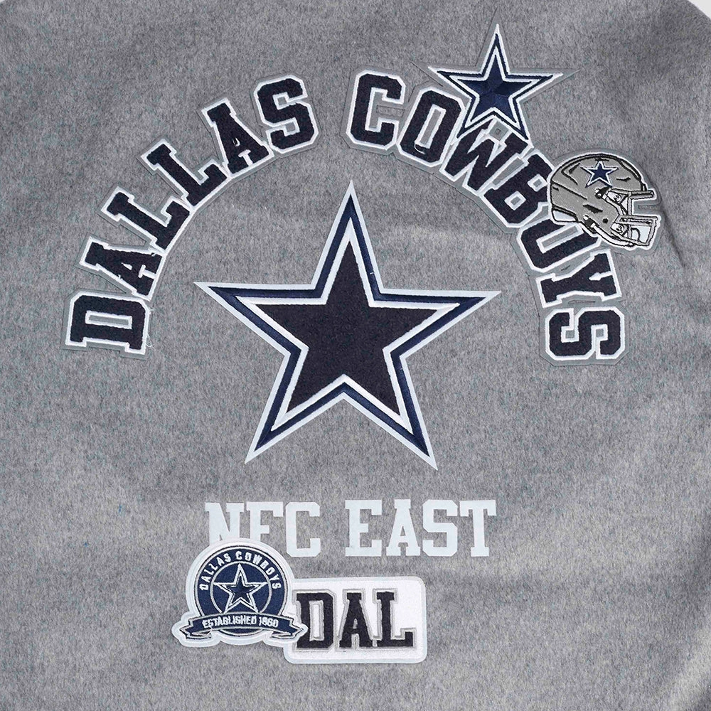 NFL DALLAS COWBOYS AREA CODE MEN'S RIB WOOL VARSITY JACKET (HEATHER GREY/WHITE/MIDNIGHT NAVY)