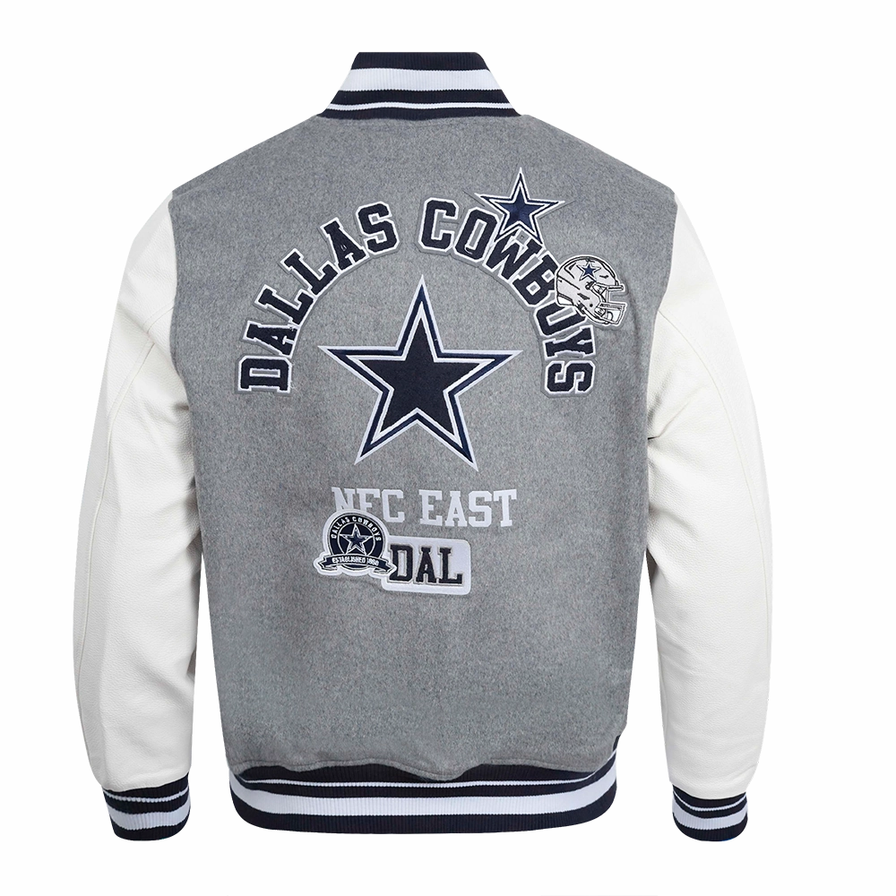 NFL DALLAS COWBOYS AREA CODE MEN'S RIB WOOL VARSITY JACKET (HEATHER GREY/WHITE/MIDNIGHT NAVY)