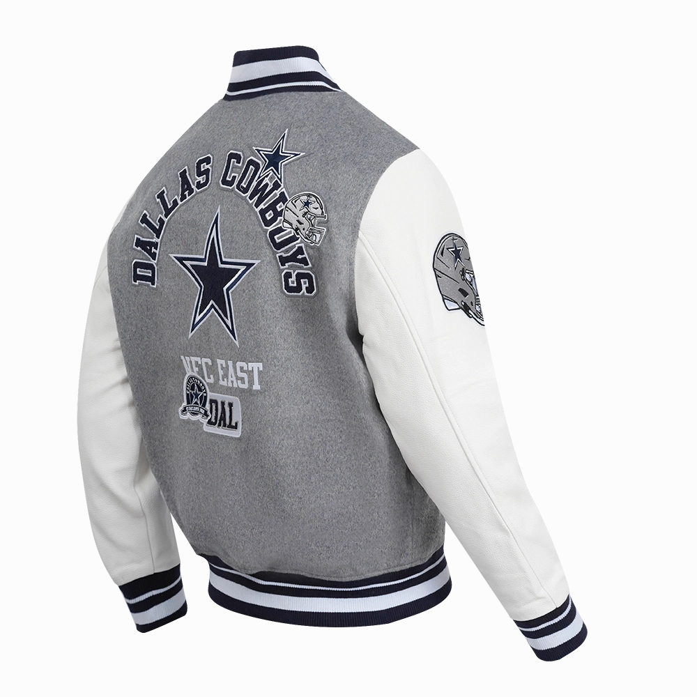 NFL DALLAS COWBOYS AREA CODE MEN'S RIB WOOL VARSITY JACKET (HEATHER GREY/WHITE/MIDNIGHT NAVY)