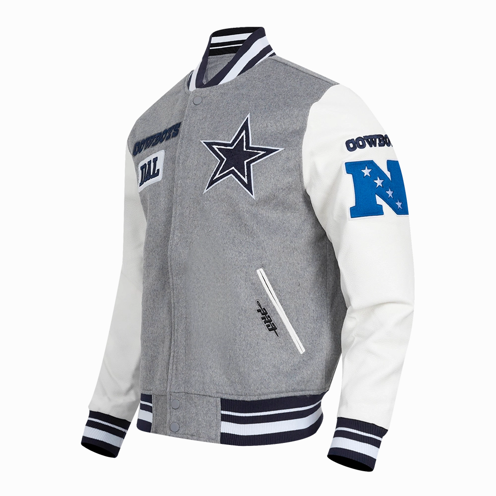 NFL DALLAS COWBOYS AREA CODE MEN'S RIB WOOL VARSITY JACKET (HEATHER GREY/WHITE/MIDNIGHT NAVY)
