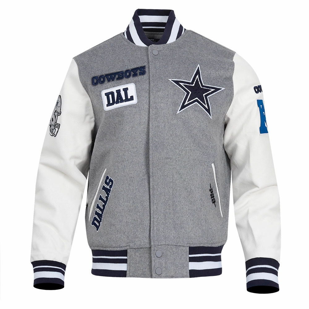 NFL DALLAS COWBOYS AREA CODE MEN'S RIB WOOL VARSITY JACKET (HEATHER GREY/WHITE/MIDNIGHT NAVY)
