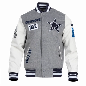 NFL DALLAS COWBOYS AREA CODE MEN'S RIB WOOL VARSITY JACKET (HEATHER GREY/WHITE/MIDNIGHT NAVY)