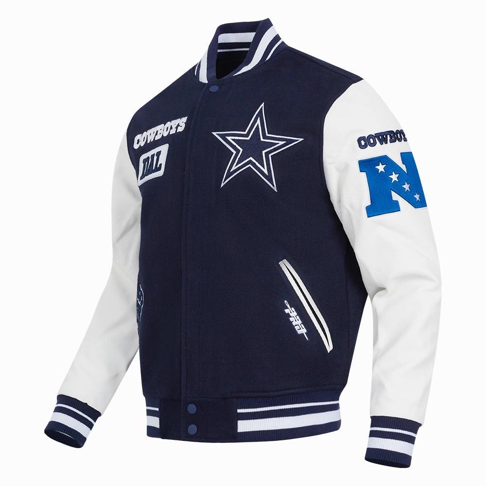 NFL DALLAS COWBOYS AREA CODE MEN'S RIB WOOL VARSITY JACKET (MIDNIGHT NAVY/WHITE)