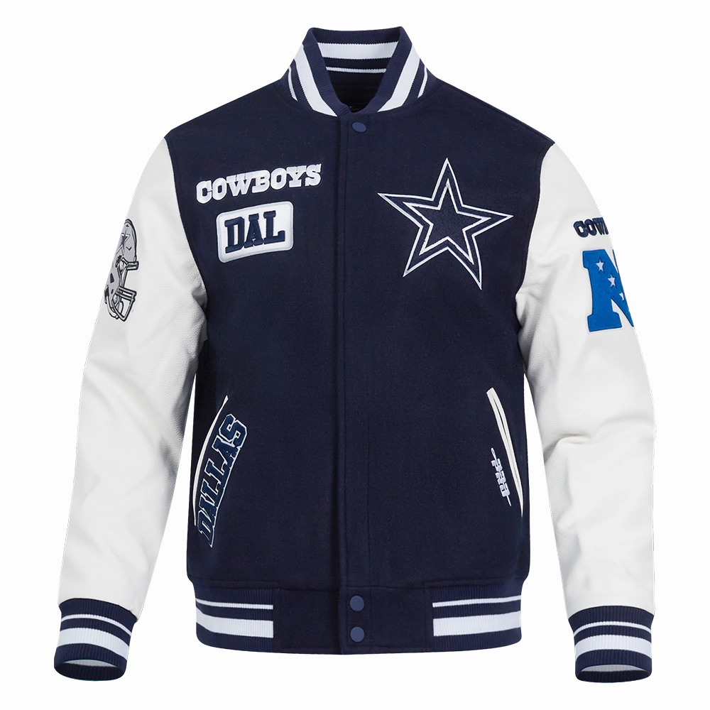 NFL DALLAS COWBOYS AREA CODE MEN'S RIB WOOL VARSITY JACKET (MIDNIGHT NAVY/WHITE)