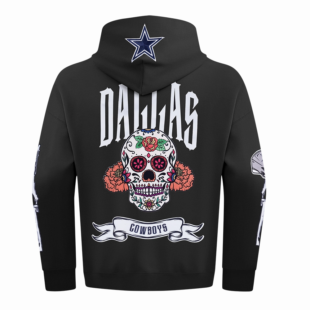 NFL DALLAS COWBOYS RIB CAGE MEN'S DROP SHOULDER FLEECE PULLOVER HOODIE (BLACK)