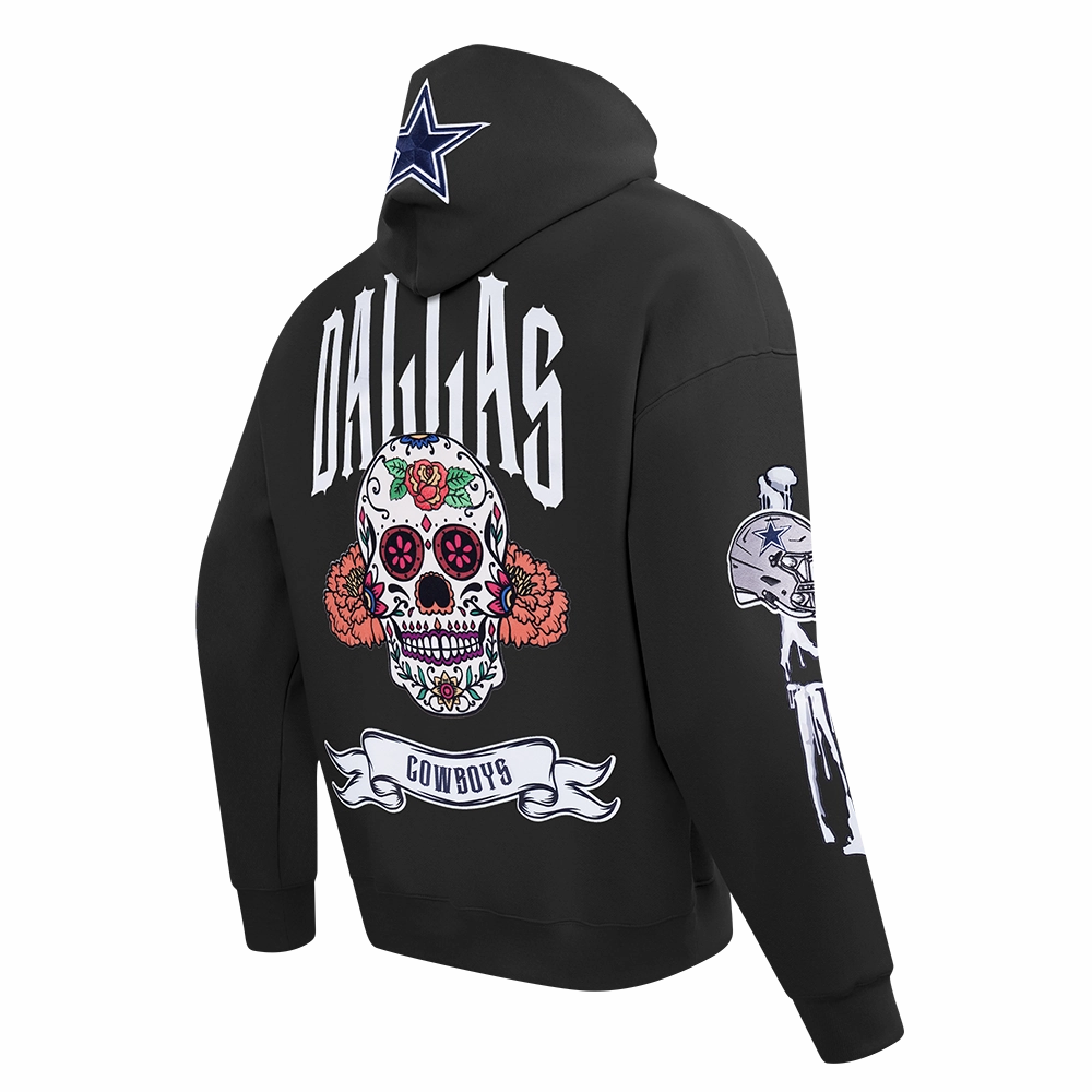 NFL DALLAS COWBOYS RIB CAGE MEN'S DROP SHOULDER FLEECE PULLOVER HOODIE (BLACK)