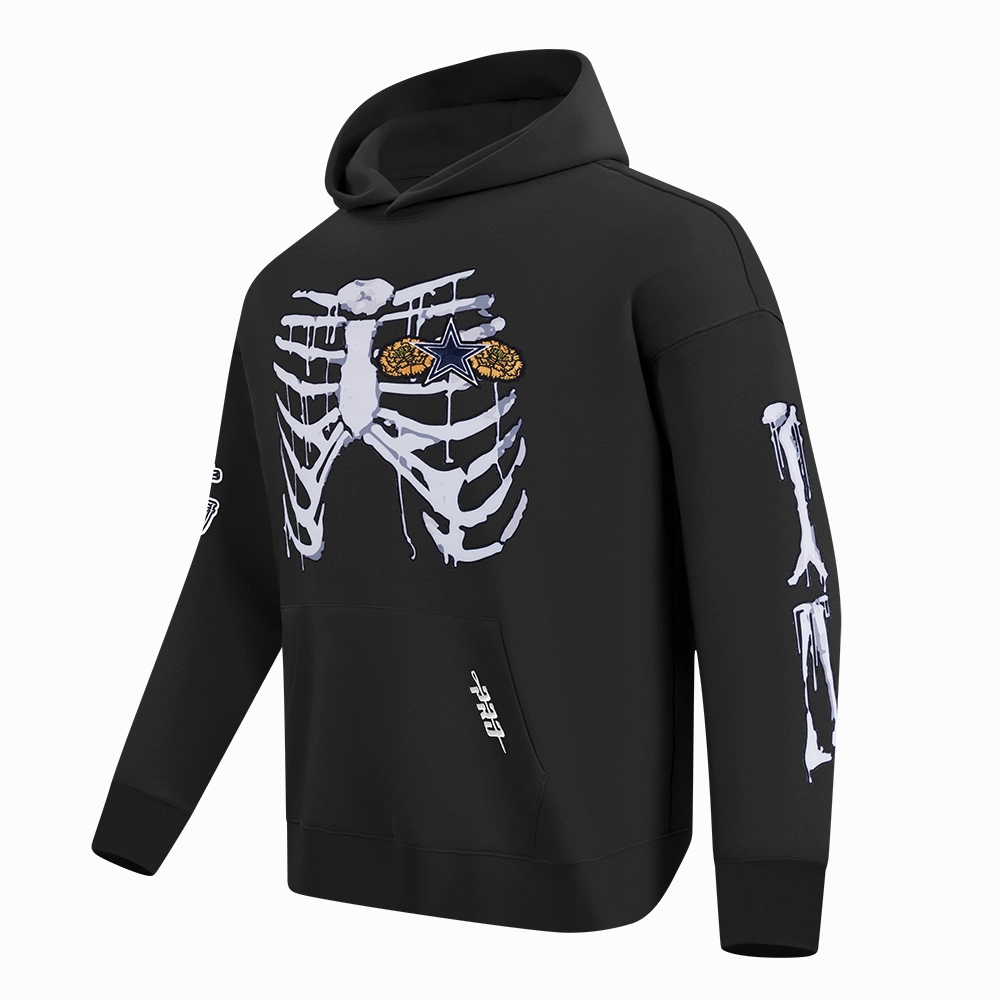 NFL DALLAS COWBOYS RIB CAGE MEN'S DROP SHOULDER FLEECE PULLOVER HOODIE (BLACK)