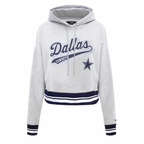NFL DALLAS COWBOYS SCRIPT TAIL WOMEN'S RIB FLEECE CROPPED PULLOVER HOODIE (HEATHER GREY/MIDNIGHT NAVY)